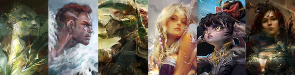 From left to right: Canach, Braham Eirsson, Rox Whetstone, Kasmeer Meade, Taimi, and Marjory Delaqua.
