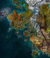 Map of the continent Tyria with all zones outlined as of June 2025.